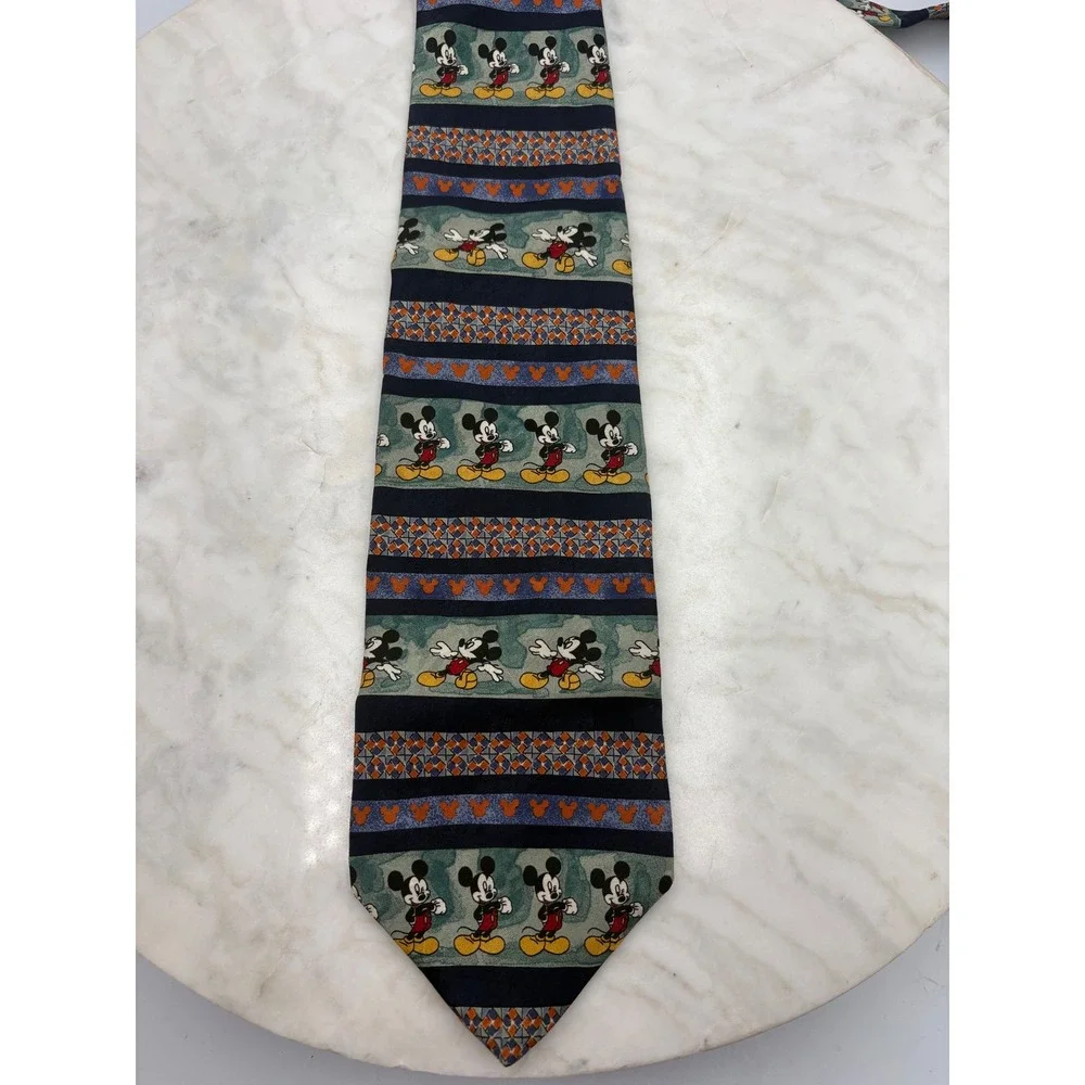 VTG Mickey Mouse Silk Tie Italy Navy Blue‎ Green 61x3.75